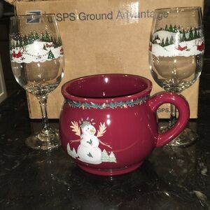 Bath & Body Works Red Snowman Mug and Holiday Glass Set